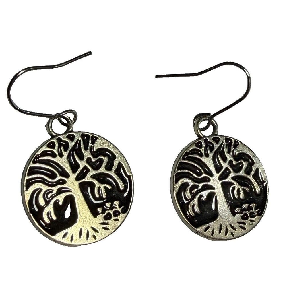 Vintage Tree of Life Drop Earrings Silver Tone Black Enamel Celtic Round Dangle